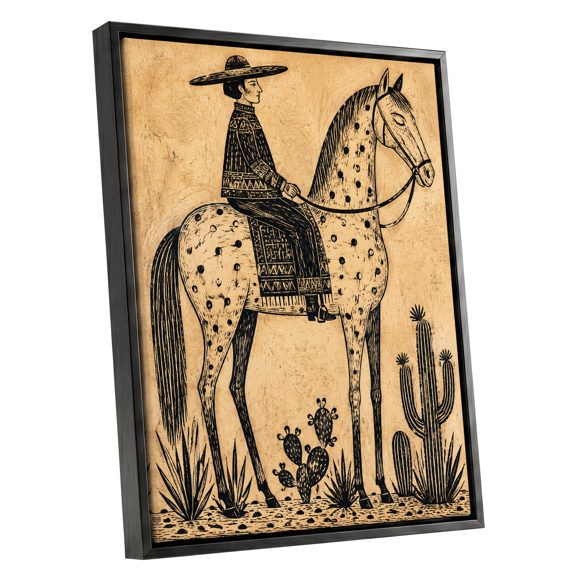 The Spotted Steed, black, beige, brown nature wall art shown as a black framed canvas wall art