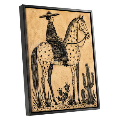 The Spotted Steed, black, beige, brown nature wall art shown as a black framed canvas wall art