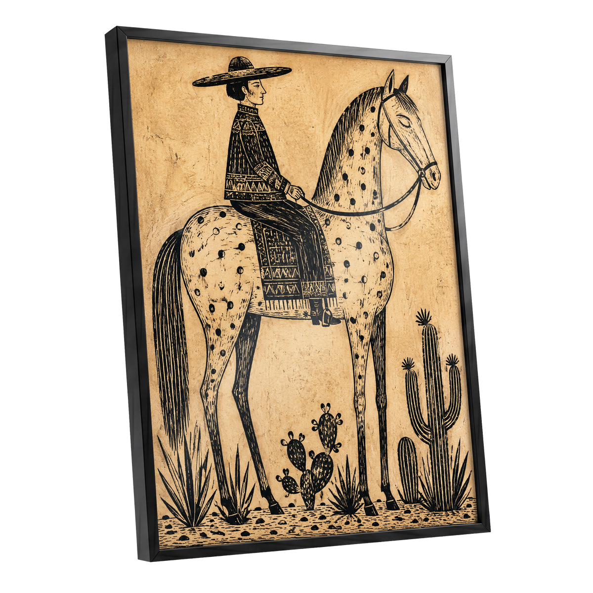 The Spotted Steed, black, beige, brown nature wall art shown as a black framed poster wall art print