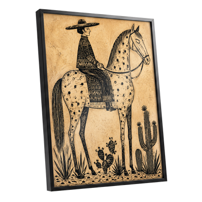 The Spotted Steed, black, beige, brown nature wall art shown as a black framed poster wall art print