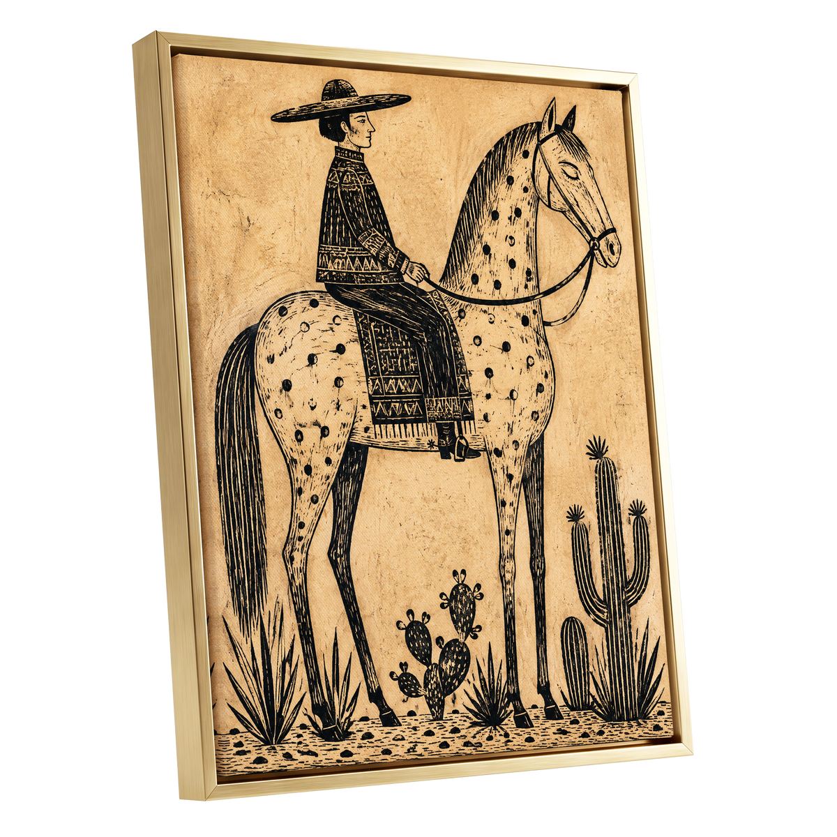 The Spotted Steed, black, beige, brown nature wall art shown as a gold framed canvas wall art