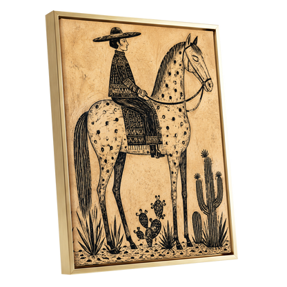 The Spotted Steed, black, beige, brown nature wall art shown as a gold framed canvas wall art
