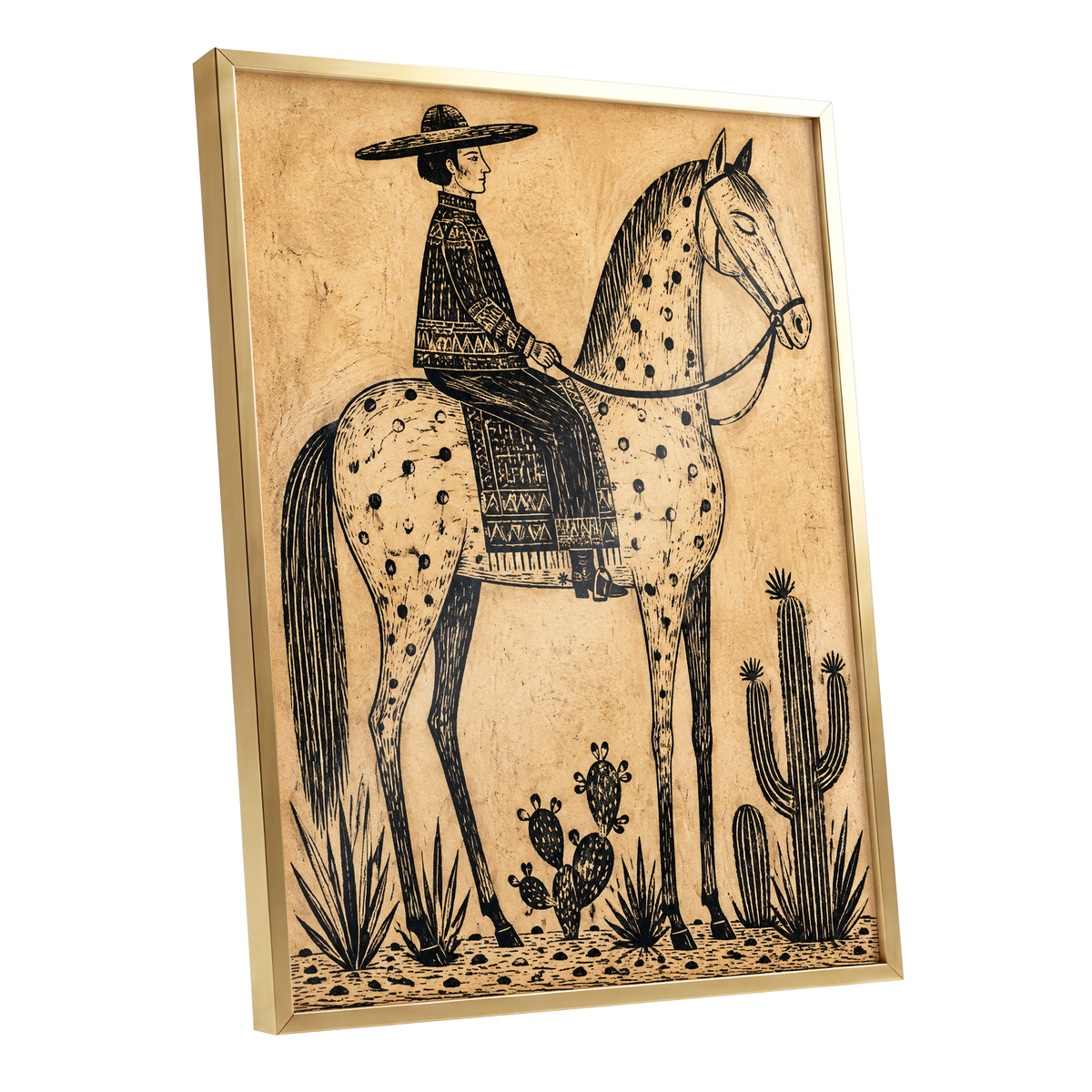 The Spotted Steed, black, beige, brown nature wall art shown as a gold framed poster wall art print