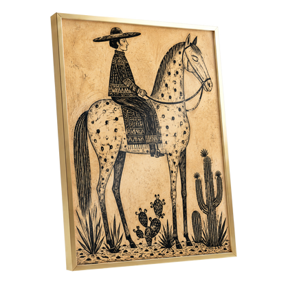 The Spotted Steed, black, beige, brown nature wall art shown as a gold framed poster wall art print