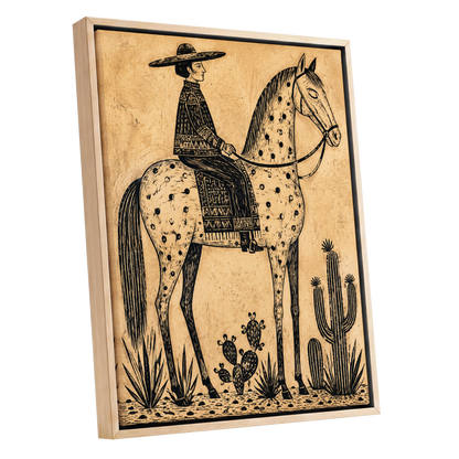 The Spotted Steed, black, beige, brown nature wall art shown as a oak framed canvas wall art