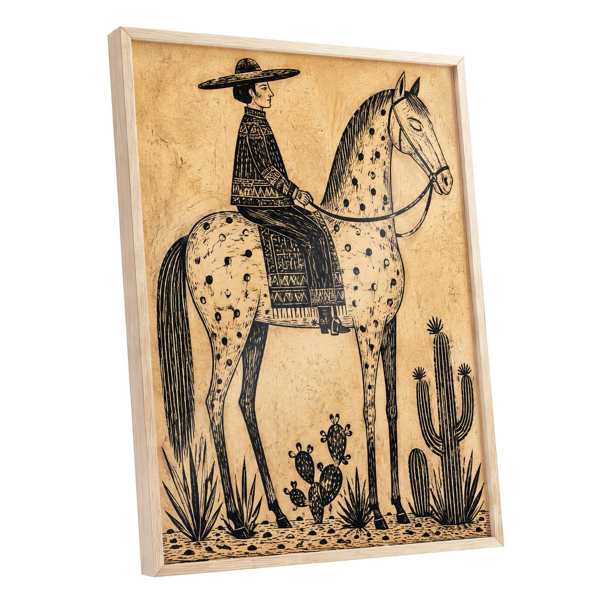 The Spotted Steed, black, beige, brown nature wall art shown as a oak framed poster wall art print