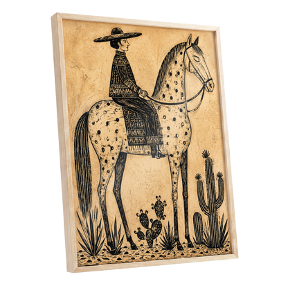 The Spotted Steed, black, beige, brown nature wall art shown as a oak framed poster wall art print