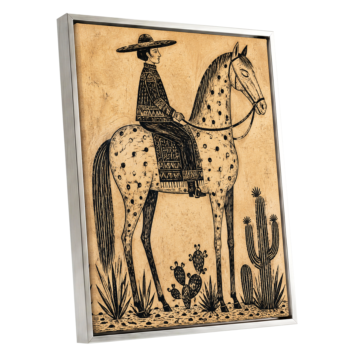 The Spotted Steed, black, beige, brown nature wall art shown as a silver framed canvas wall art