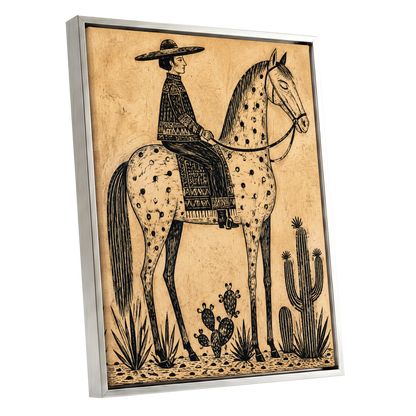 The Spotted Steed, black, beige, brown nature wall art shown as a silver framed canvas wall art