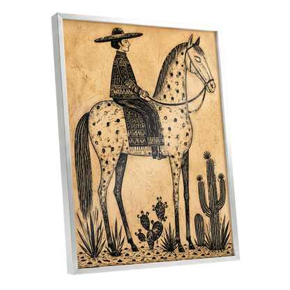 The Spotted Steed, black, beige, brown nature wall art shown as a silver framed poster wall art print