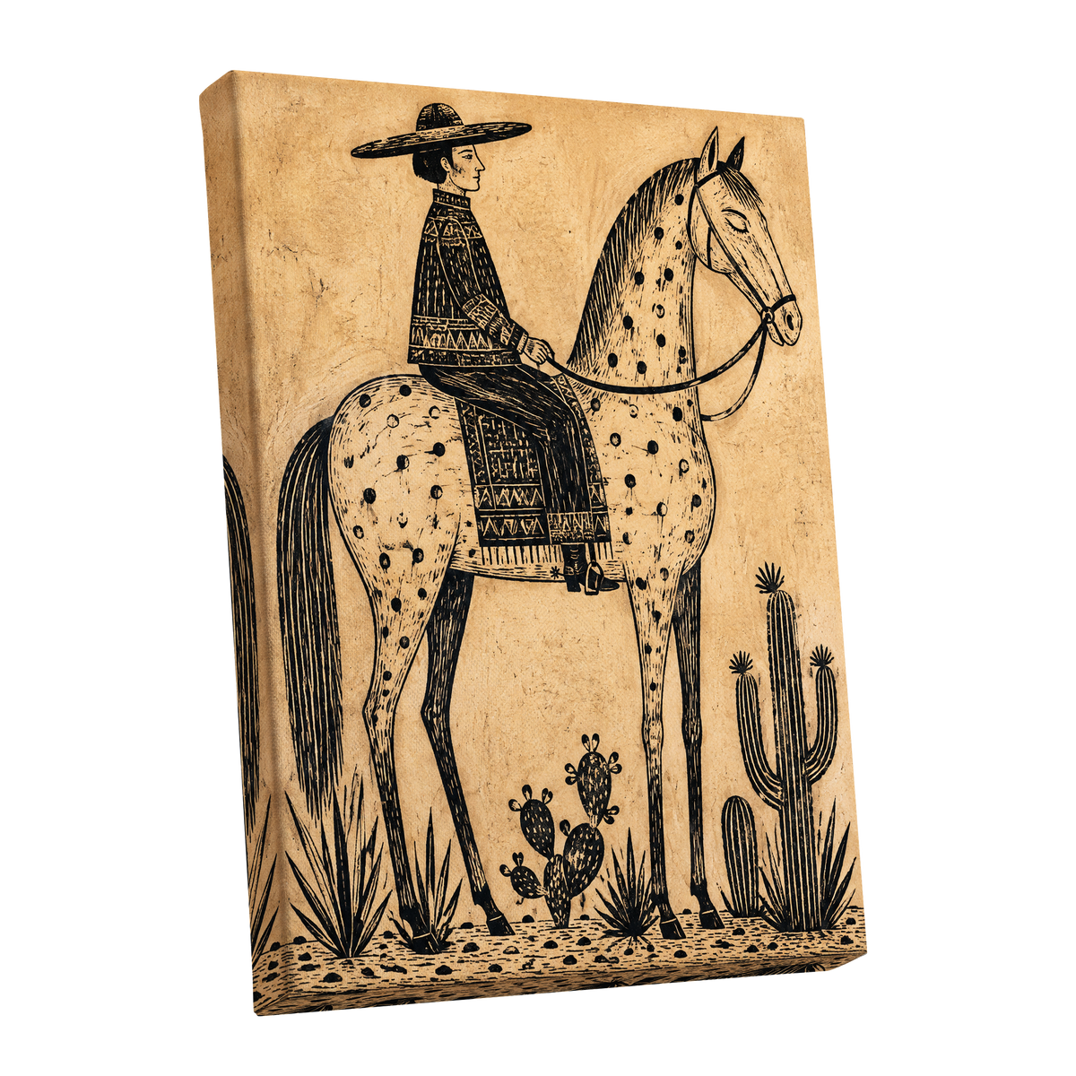 The Spotted Steed, black, beige, brown nature wall art shown as a stretched canvas wall art
