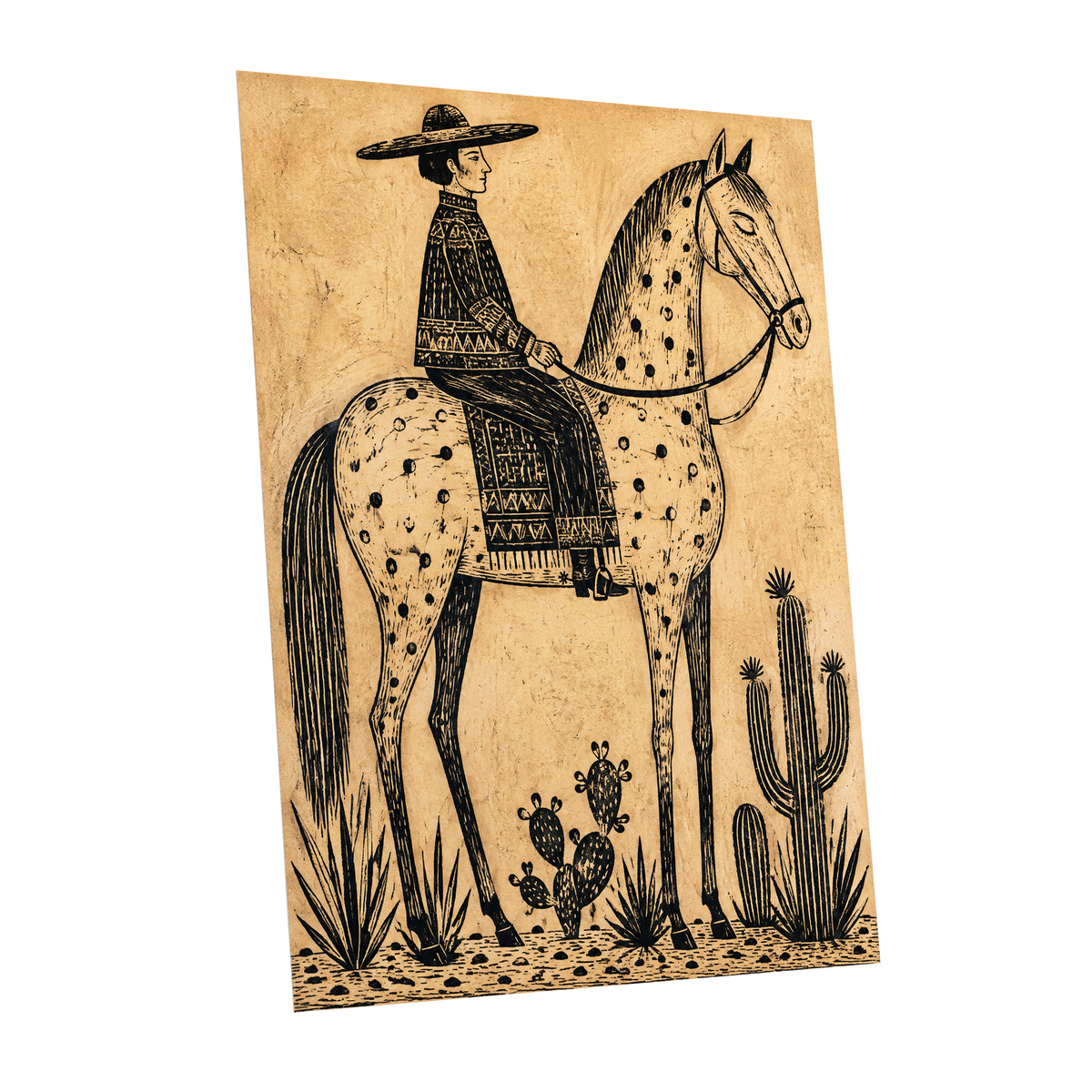 The Spotted Steed, black, beige, brown nature wall art shown as a unframed poster wall art print
