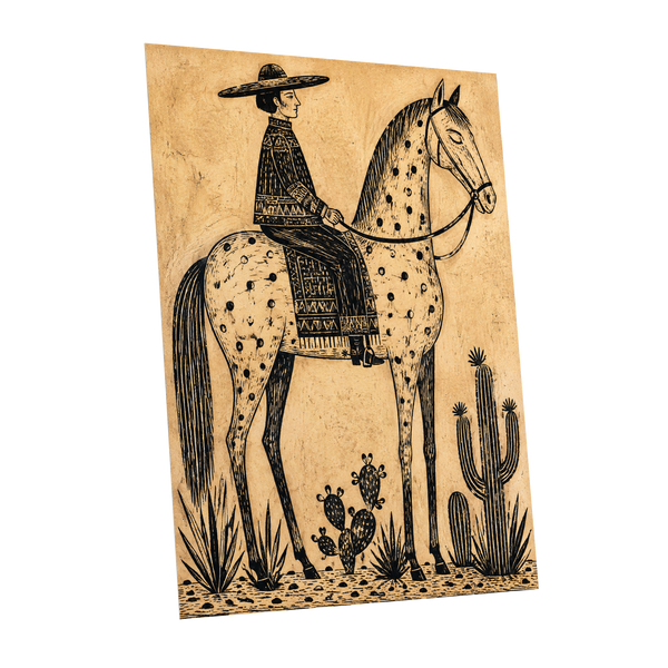 The Spotted Steed, black, beige, brown nature wall art shown as a unframed poster wall art print