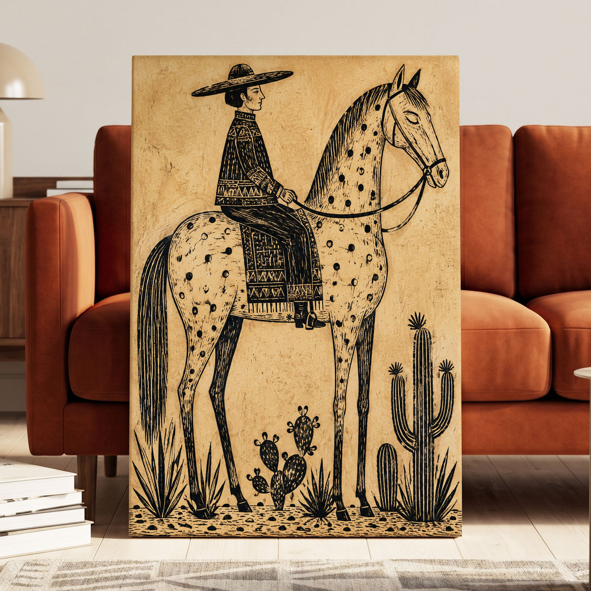 The Spotted Steed, black, beige, brown nature wall art displayed in a styled interior, gallery view 3