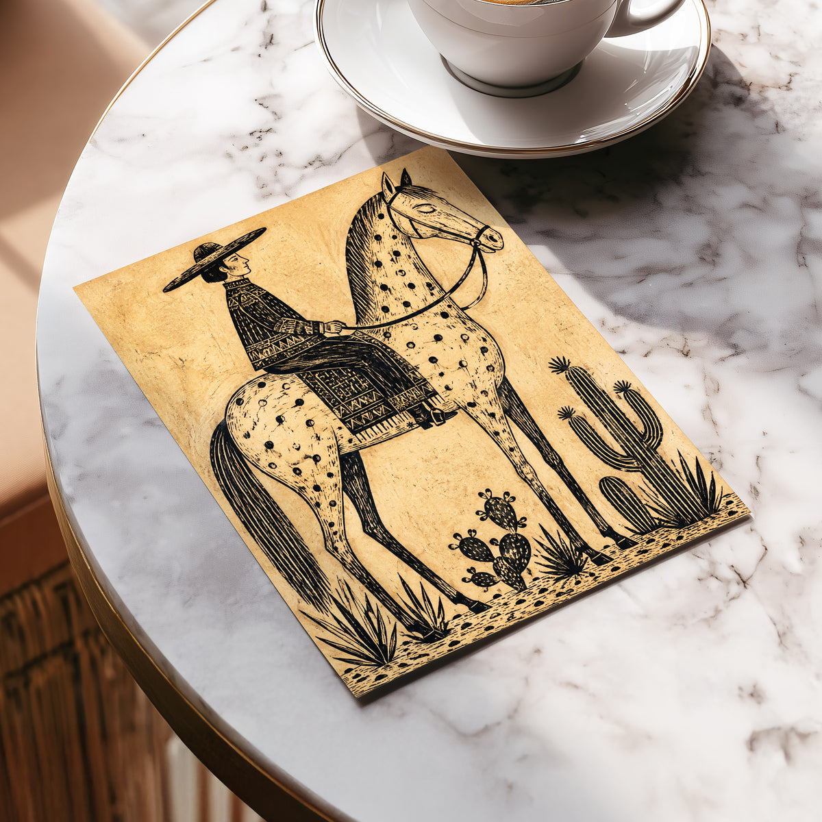 The Spotted Steed, black, beige, brown nature wall art displayed in a styled interior, gallery view 5