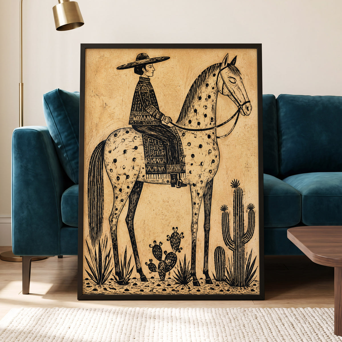 The Spotted Steed, black, beige, brown nature wall art displayed in a styled interior, gallery view 6