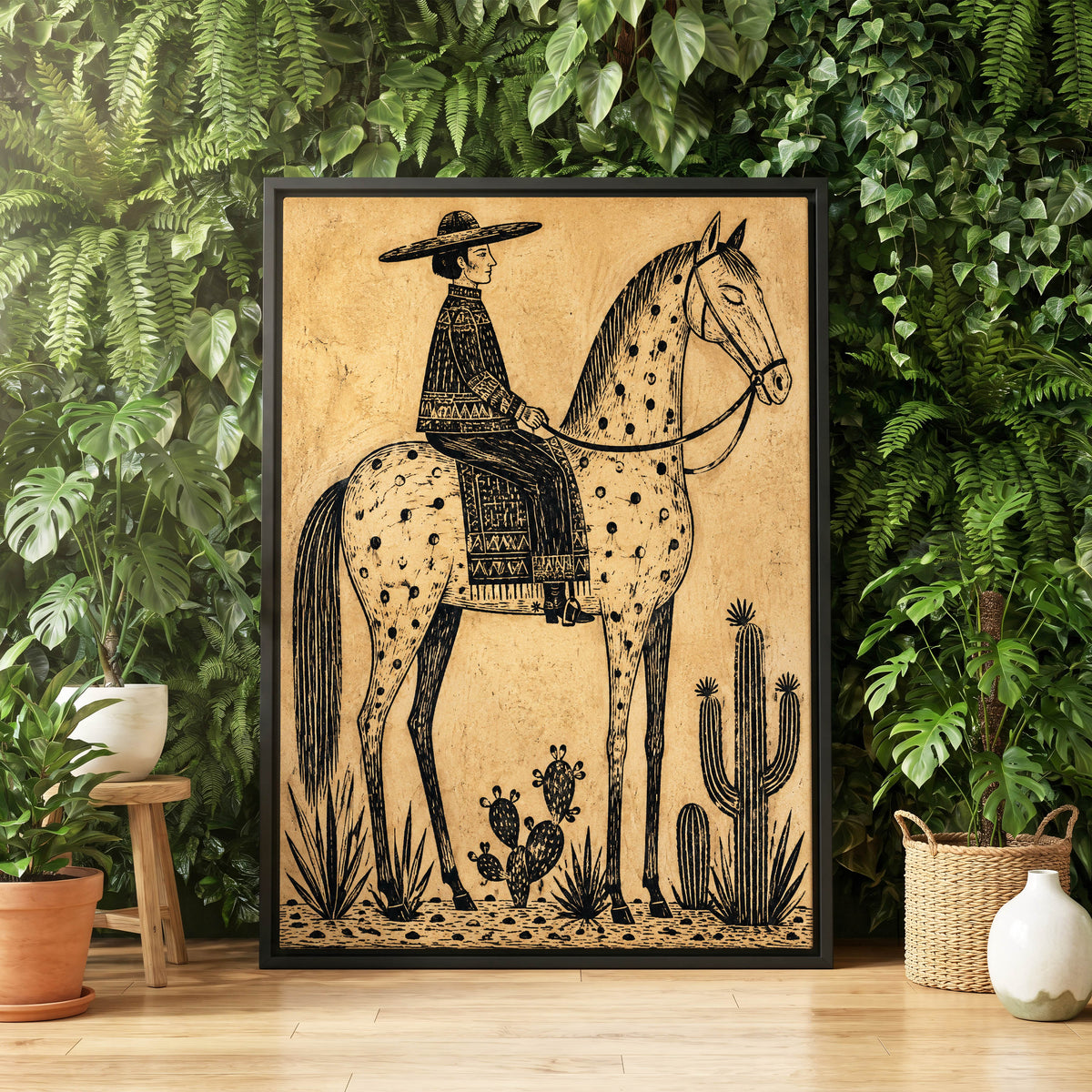 The Spotted Steed, black, beige, brown nature wall art displayed in a styled interior, gallery view 8