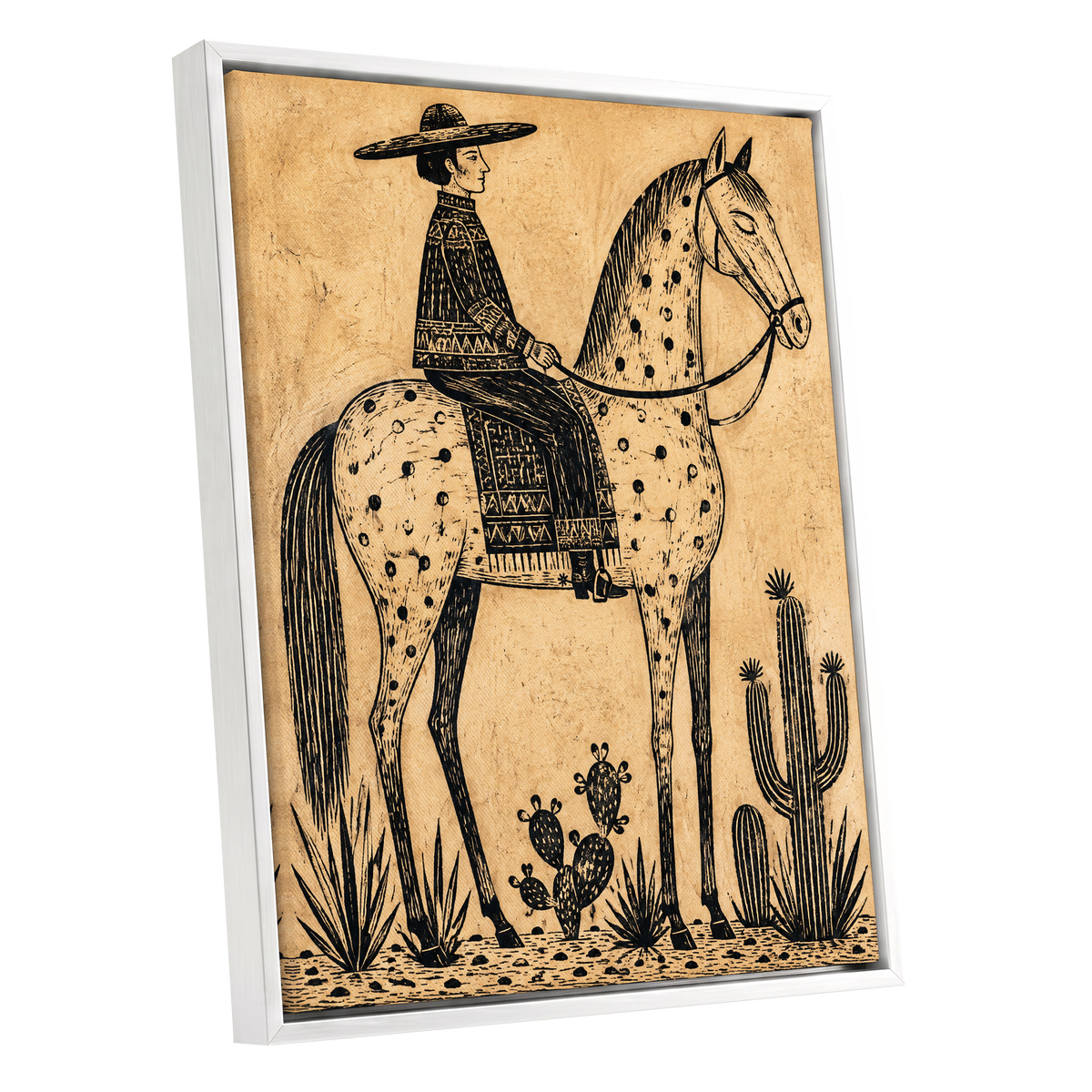 The Spotted Steed, black, beige, brown nature wall art shown as a white framed canvas wall art