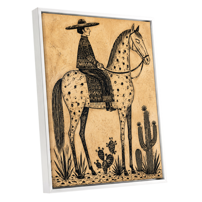 The Spotted Steed, black, beige, brown nature wall art shown as a white framed canvas wall art