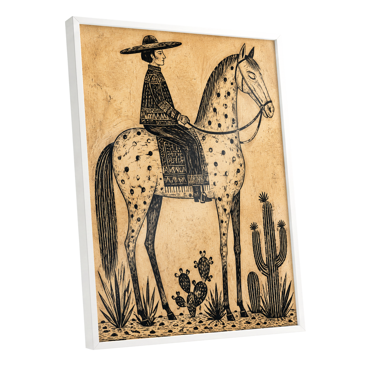 The Spotted Steed, black, beige, brown nature wall art shown as a white framed poster wall art print
