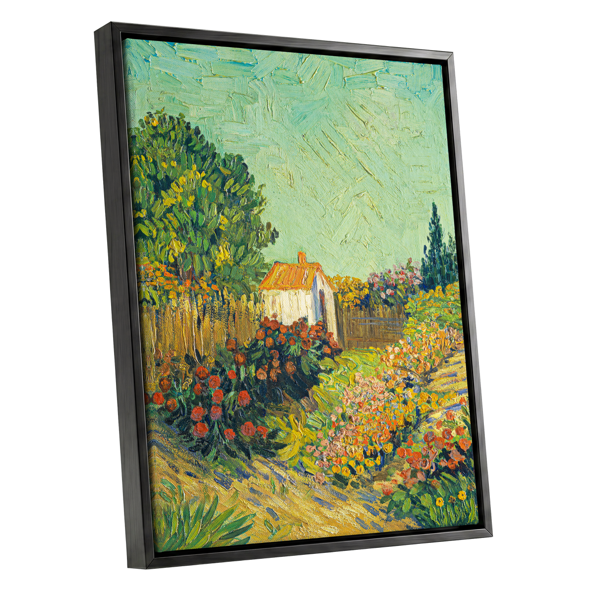 The Sunlit Cottage Garden, green, yellow, orange floral wall art shown as a black framed canvas wall art