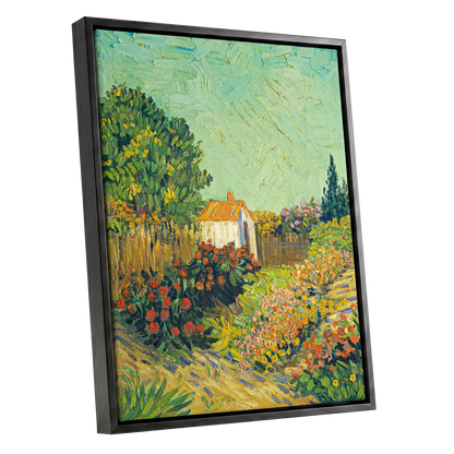 The Sunlit Cottage Garden, green, yellow, orange floral wall art shown as a black framed canvas wall art