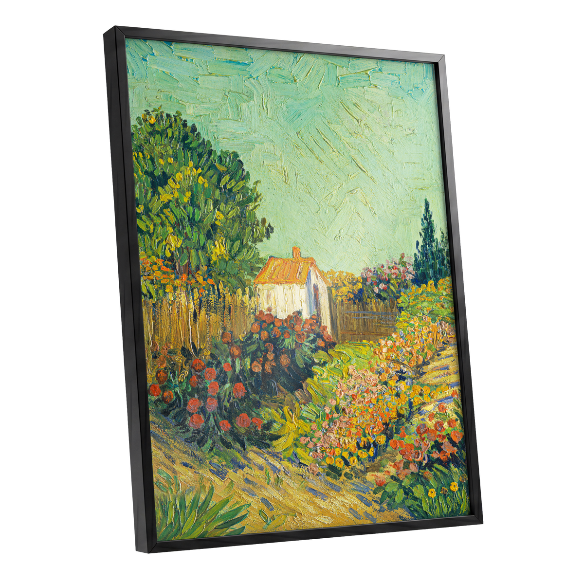 The Sunlit Cottage Garden, green, yellow, orange floral wall art shown as a black framed poster wall art print