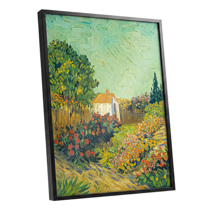 The Sunlit Cottage Garden, green, yellow, orange floral wall art shown as a black framed poster wall art print