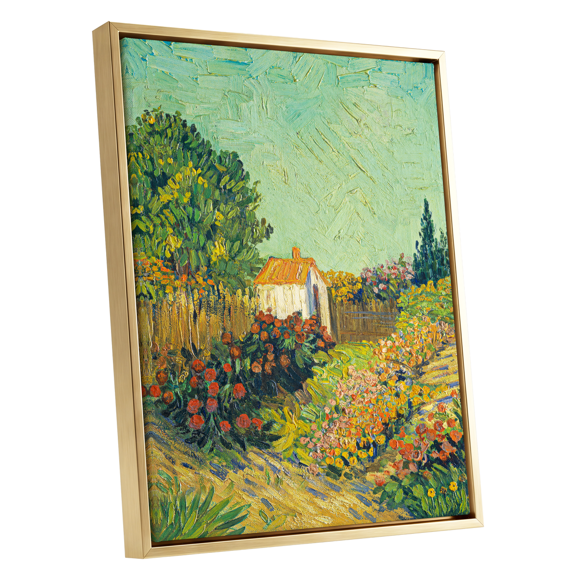 The Sunlit Cottage Garden, green, yellow, orange floral wall art shown as a gold framed canvas wall art