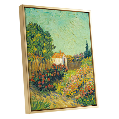 The Sunlit Cottage Garden, green, yellow, orange floral wall art shown as a gold framed canvas wall art