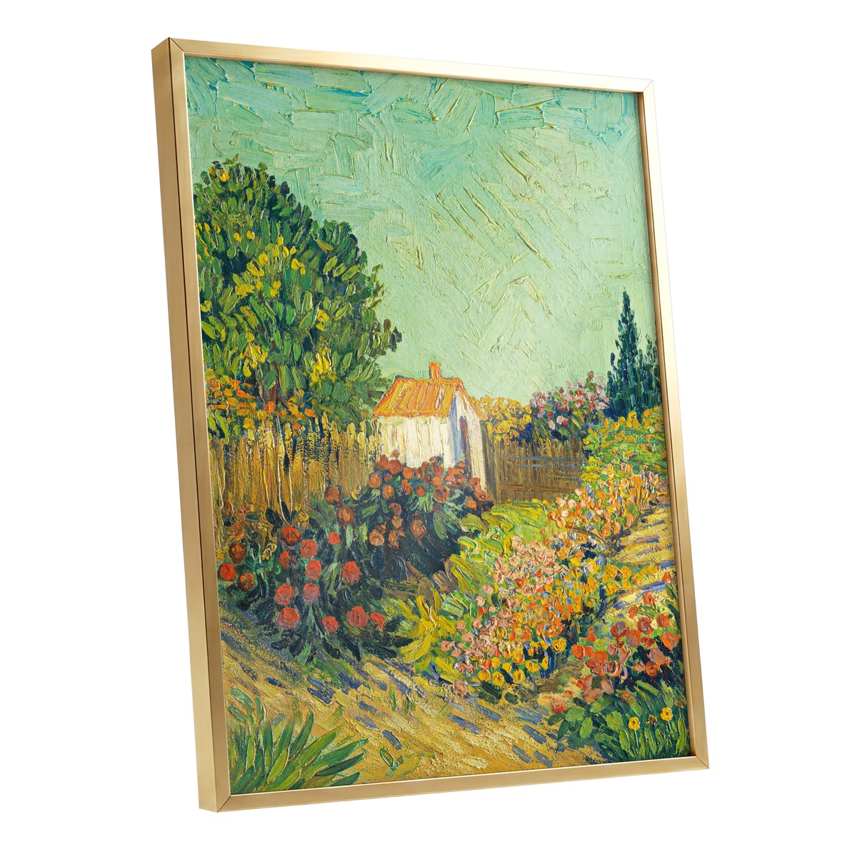The Sunlit Cottage Garden, green, yellow, orange floral wall art shown as a gold framed poster wall art print