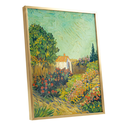 The Sunlit Cottage Garden, green, yellow, orange floral wall art shown as a gold framed poster wall art print