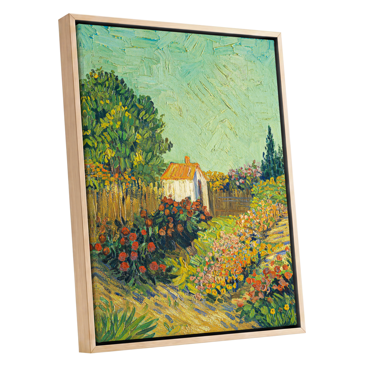 The Sunlit Cottage Garden, green, yellow, orange floral wall art shown as a oak framed canvas wall art