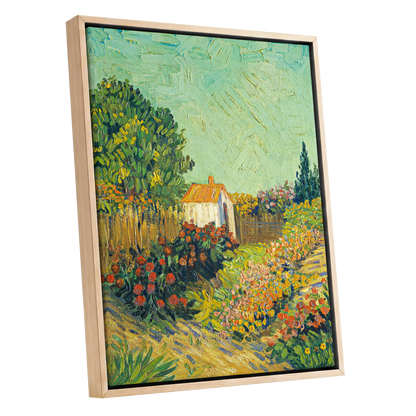 The Sunlit Cottage Garden, green, yellow, orange floral wall art shown as a oak framed canvas wall art