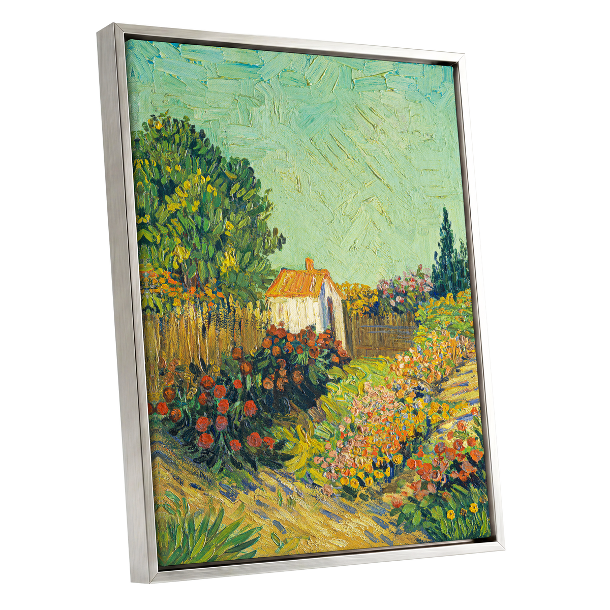 The Sunlit Cottage Garden, green, yellow, orange floral wall art shown as a silver framed canvas wall art