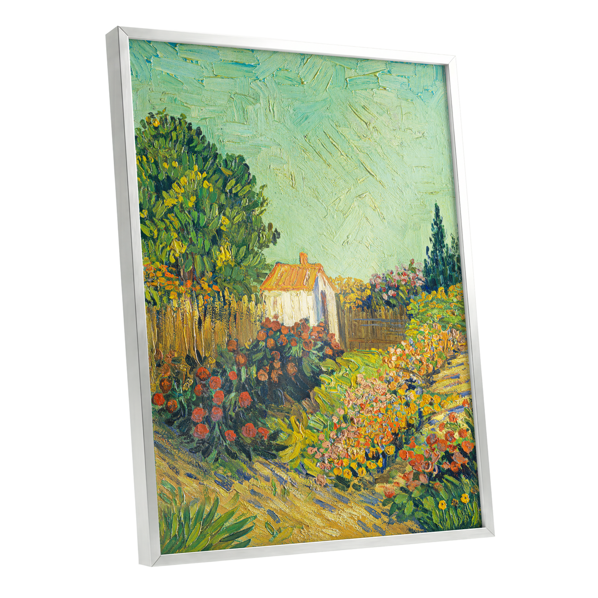The Sunlit Cottage Garden, green, yellow, orange floral wall art shown as a silver framed poster wall art print