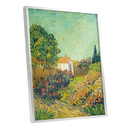 The Sunlit Cottage Garden, green, yellow, orange floral wall art shown as a silver framed poster wall art print