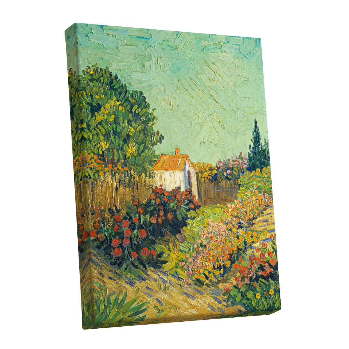 The Sunlit Cottage Garden, green, yellow, orange floral wall art shown as a stretched canvas wall art