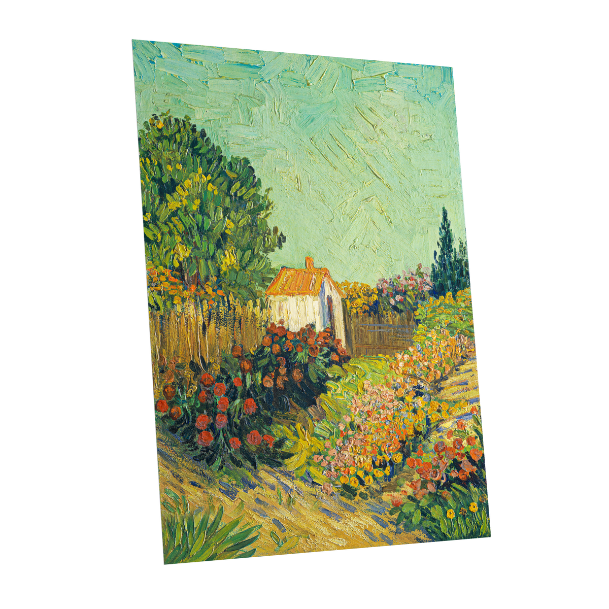 The Sunlit Cottage Garden, green, yellow, orange floral wall art shown as a unframed poster wall art print