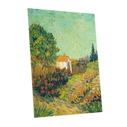 The Sunlit Cottage Garden, green, yellow, orange floral wall art shown as a unframed poster wall art print