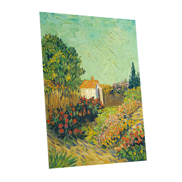 The Sunlit Cottage Garden, green, yellow, orange floral wall art shown as a unframed poster wall art print
