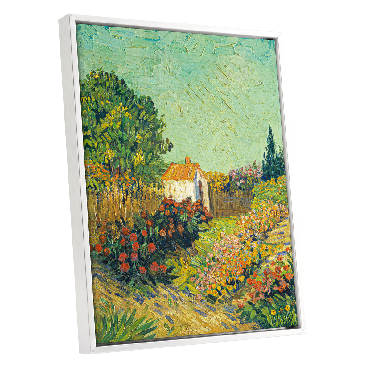 The Sunlit Cottage Garden, green, yellow, orange floral wall art shown as a white framed canvas wall art