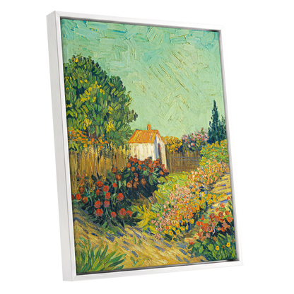 The Sunlit Cottage Garden, green, yellow, orange floral wall art shown as a white framed canvas wall art