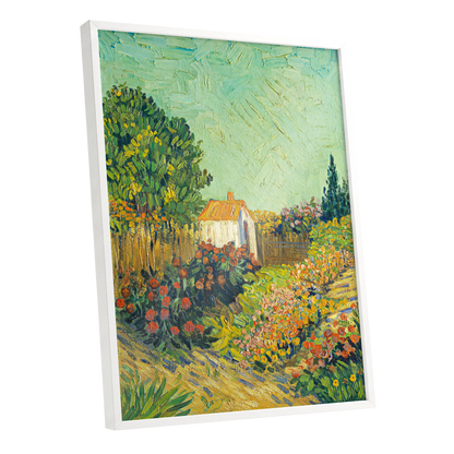 The Sunlit Cottage Garden, green, yellow, orange floral wall art shown as a white framed poster wall art print