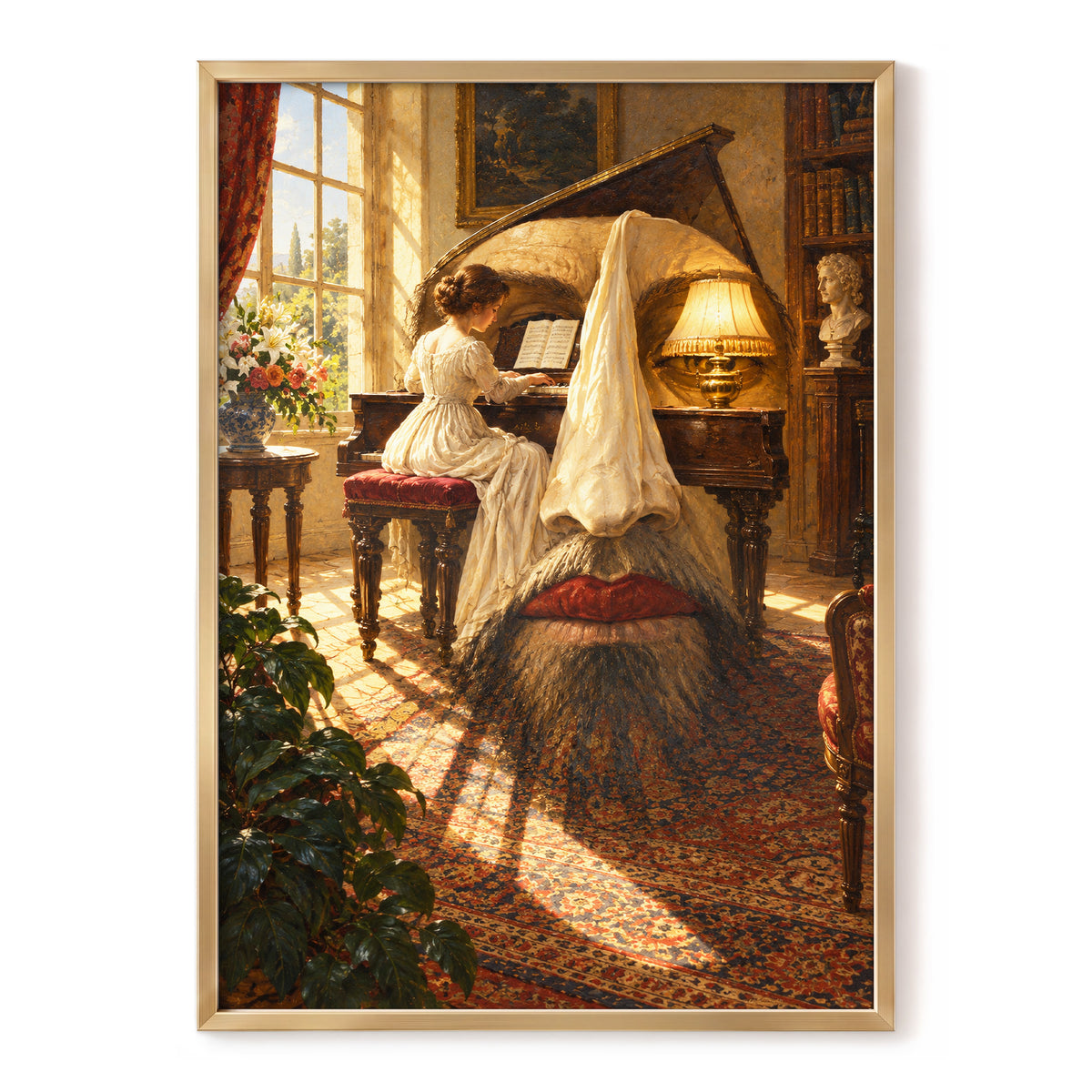 The Sunlit Sonata, gold, brown, beige abstract wall art, front artwork view