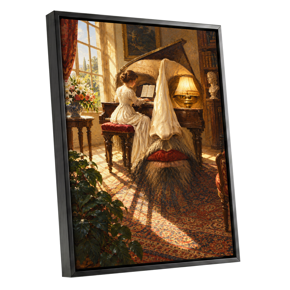 The Sunlit Sonata, gold, brown, beige abstract wall art shown as a black framed canvas wall art