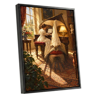 The Sunlit Sonata, gold, brown, beige abstract wall art shown as a black framed canvas wall art