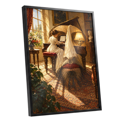 The Sunlit Sonata, gold, brown, beige abstract wall art shown as a black framed poster wall art print