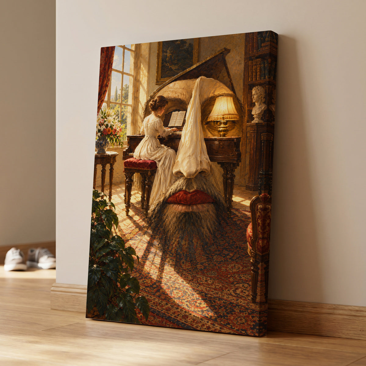 The Sunlit Sonata, gold, brown, beige abstract wall art on canvas displayed in a styled interior, gallery view 1