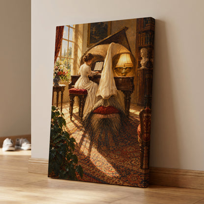 The Sunlit Sonata, gold, brown, beige abstract wall art on canvas displayed in a styled interior, gallery view 1